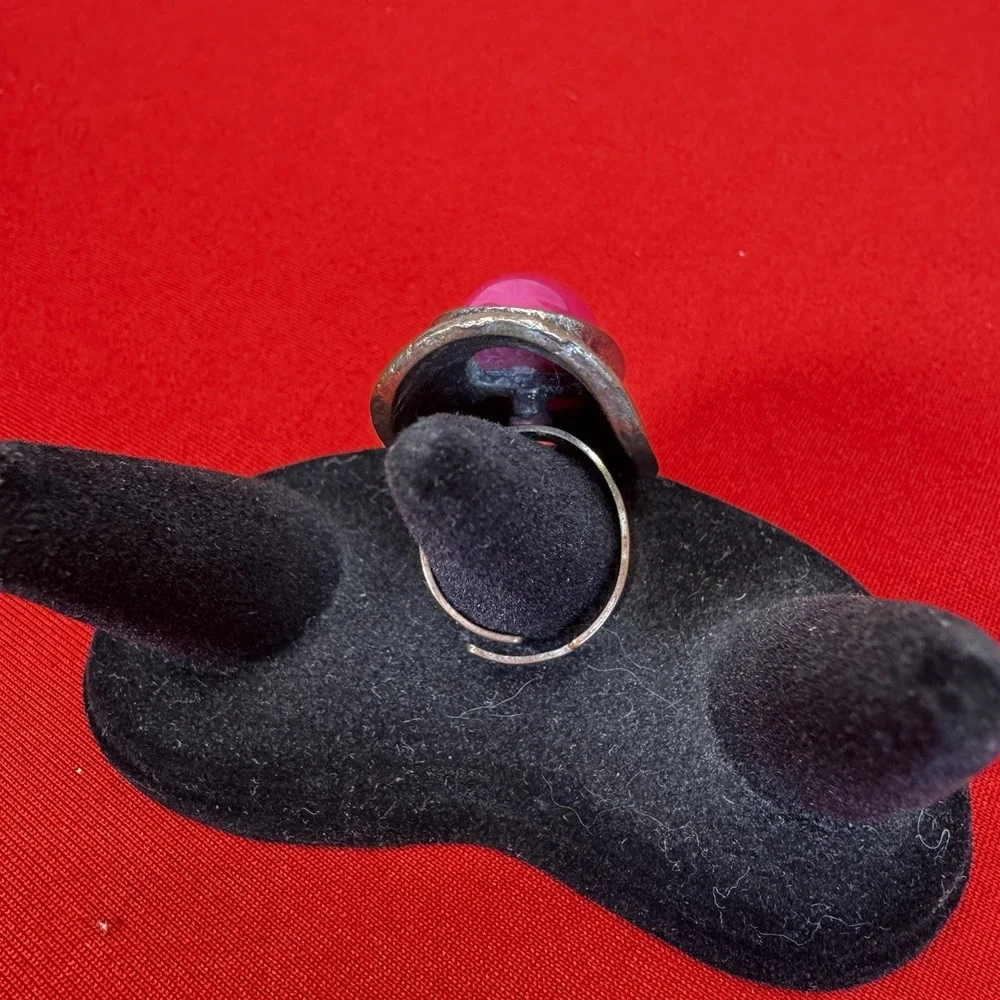 Chunky Silvertone Adjustable Ring With Large Faux‎ Pink Stone